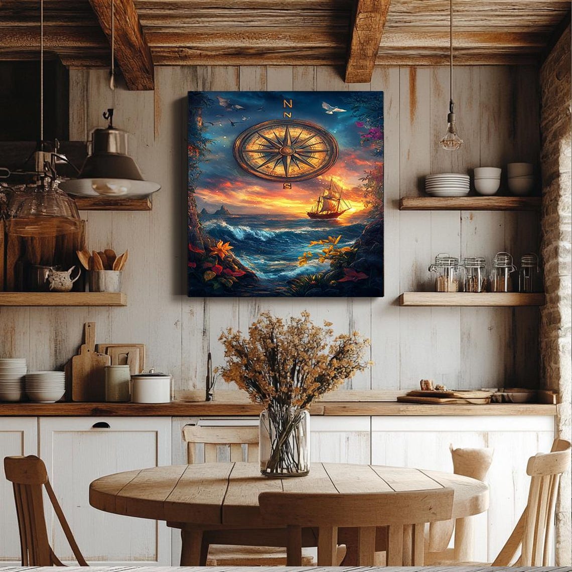Compass Rose Over Vibrant Sunset Ocean With Sailing Ship Poster - Image 3