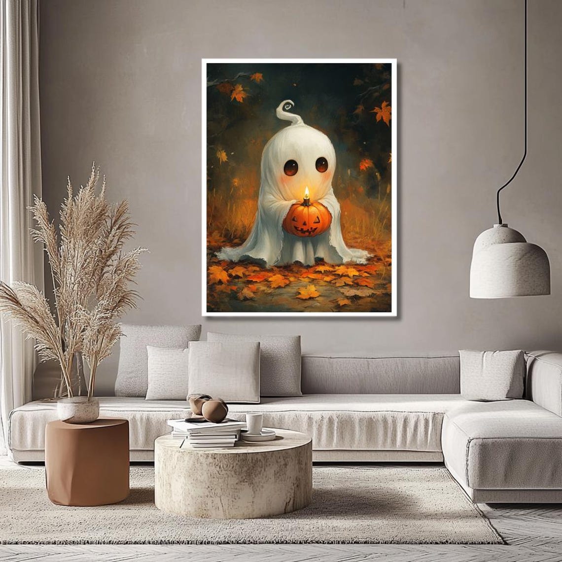 Cute Little Ghost Holding a Jack O Lantern Among Autumn Leaves Poster - Image 3