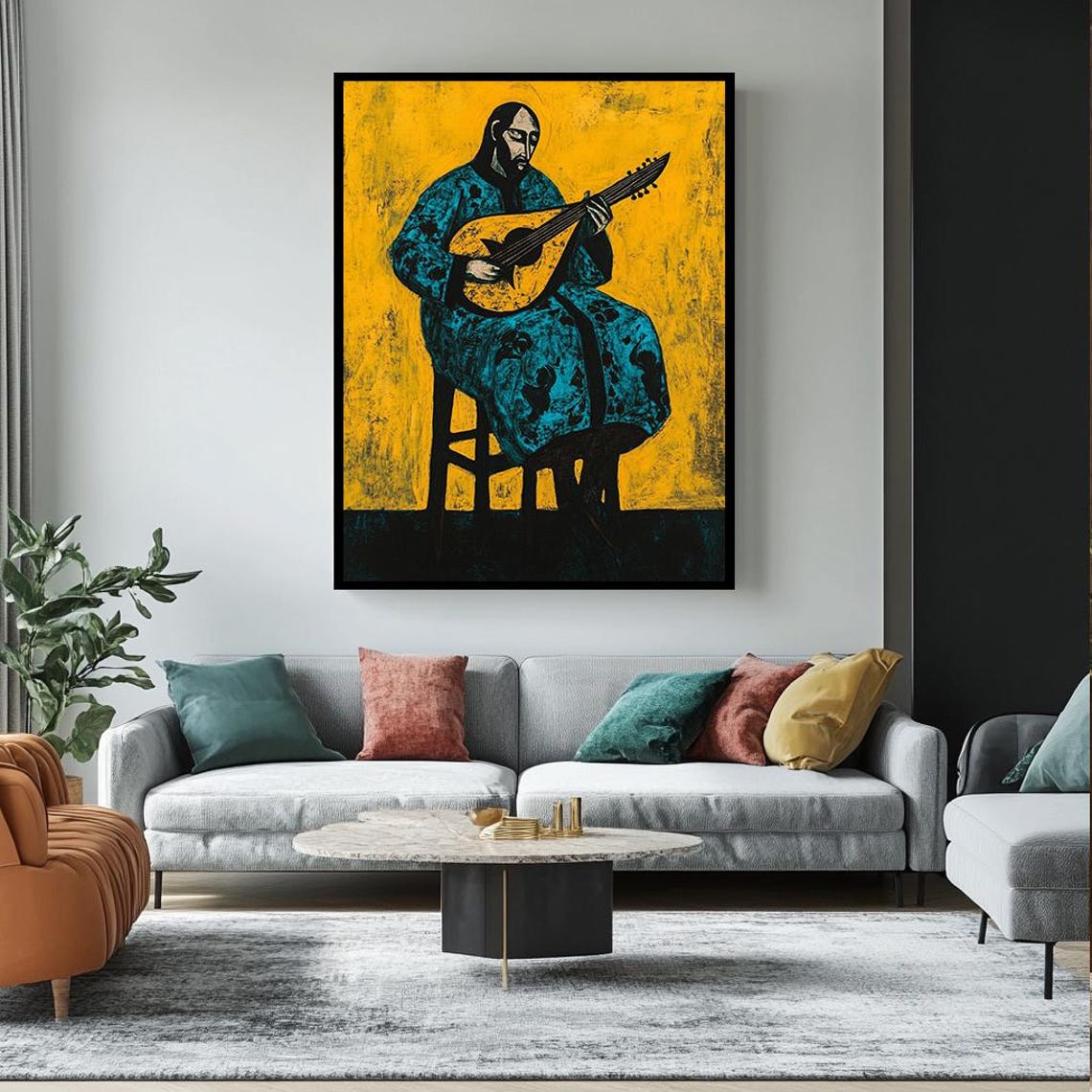 Oud Player in a Blue Robe on a Bold Yellow Modern Art Poster - Image 3