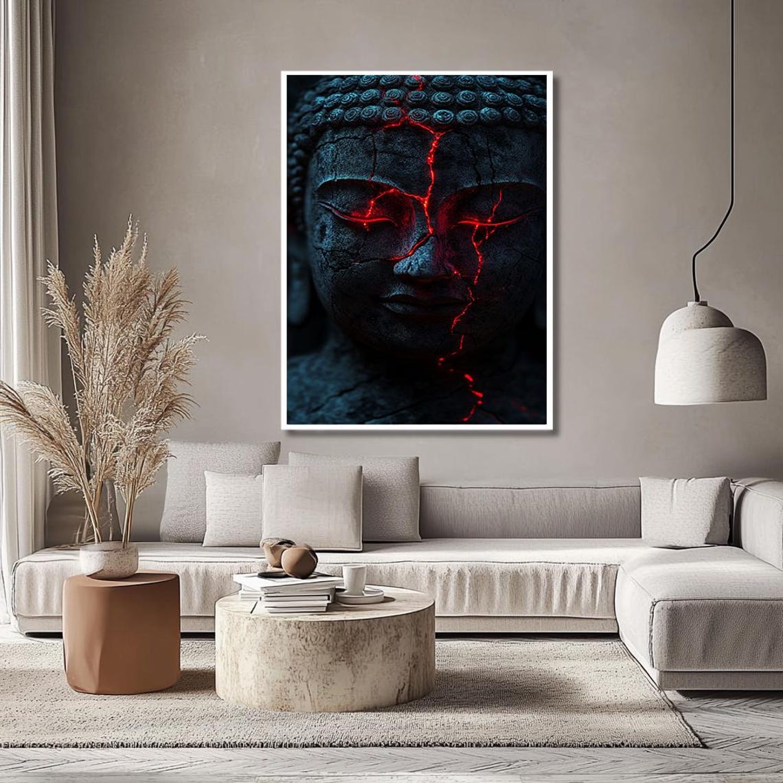 Cracked Stone Buddha Face With Red Glowing Cracks Zen Art Poster - Image 2