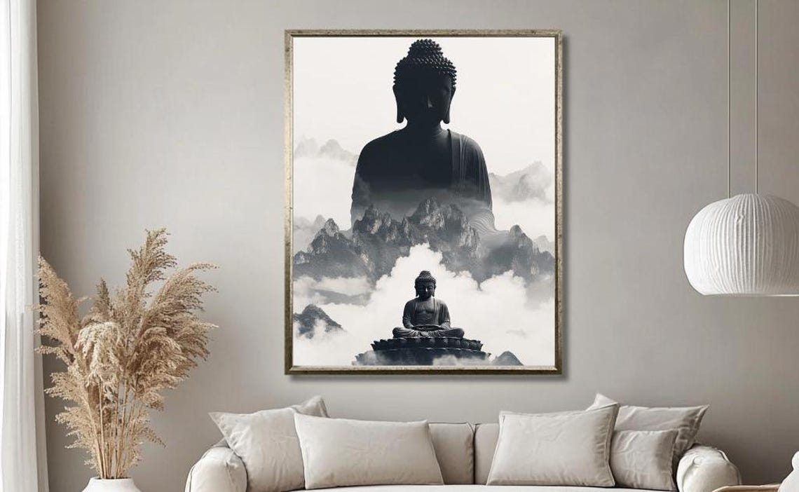 Serene Buddha With Misty Mountains Print Zen Inspired Wall Art Tranquil Meditation Decor For Living Room Or Yoga Space Spiritual