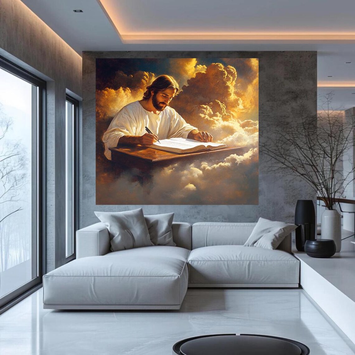 Jesus Writing In The Book Of Life Among Golden Clouds Poster - Image 2