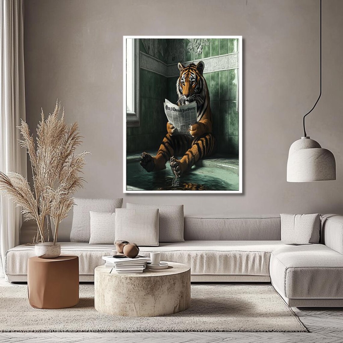 Relaxed Tiger Reading Newspaper in Green Tiled Bathtub Print - Image 2