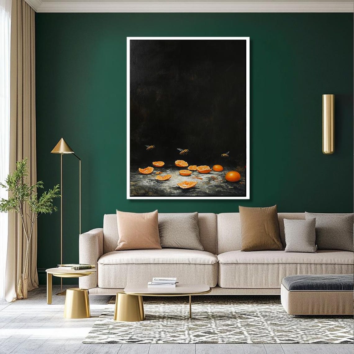 Sliced Oranges And Bees Dark Moody Still Life Painting Poster - Image 2