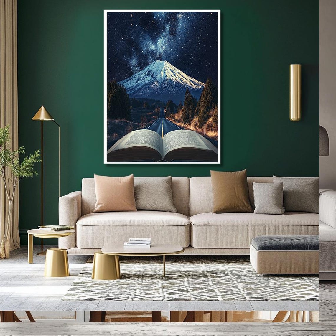 Open Book Road Leading to Snowy Mountain Starry Night Art Poster - Image 2