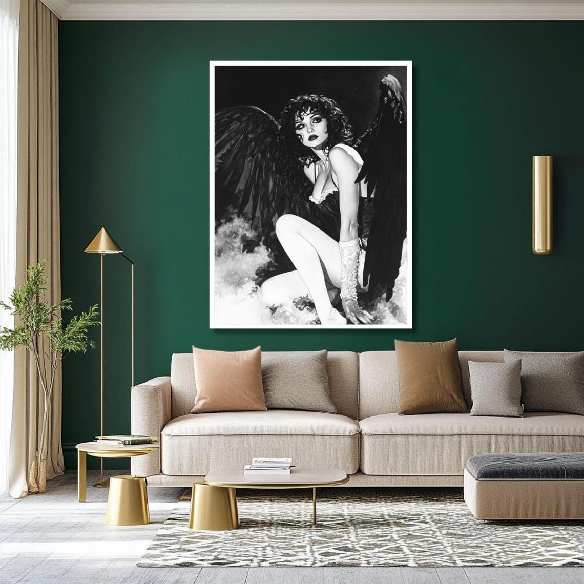 Dark Angel Wall Art Black And White Fantasy Portrait With Gothic Wings Mysterious Female Figure Art For Living Room Art - Image 3