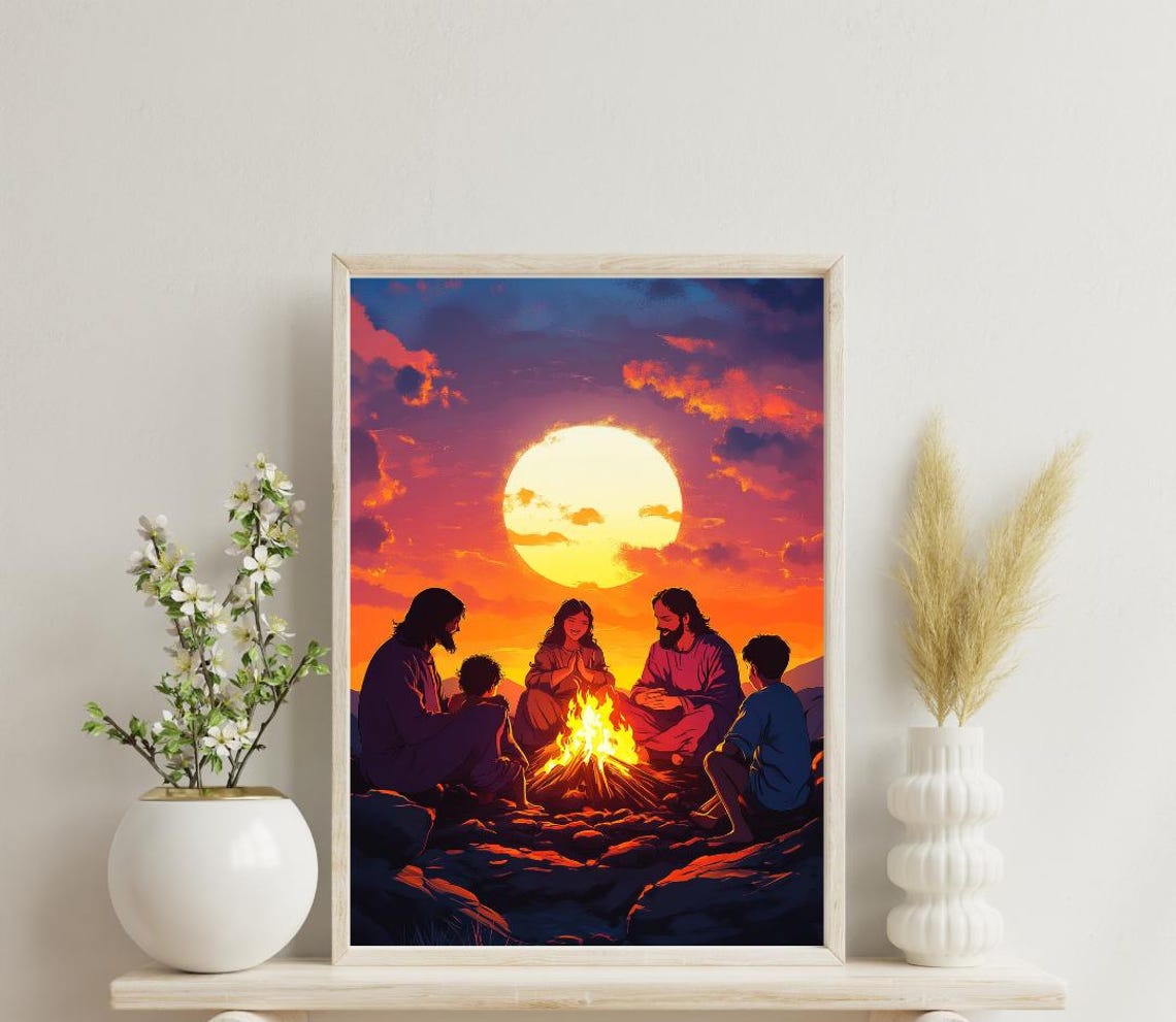 Sunset Campfire Wall Art Inspirational Outdoor Scene Print Orange Sky Silhouette Wall Decor - Image 2