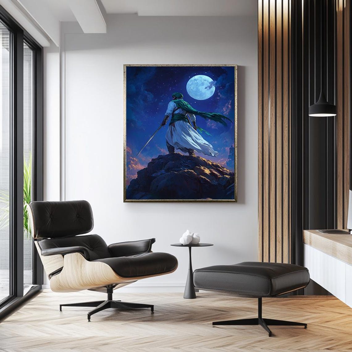 Sword Warrior On A Rocky Peak Under A Blue Full Moon Night Poster - Image 2