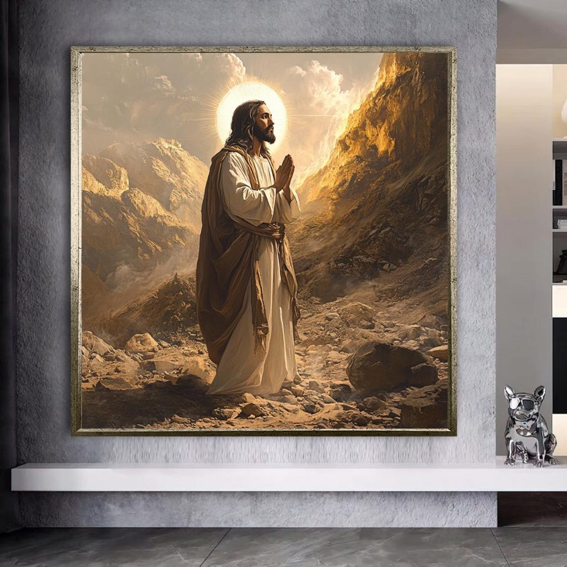 Jesus Praying at Sunrise on a Rocky Mountain With Halo Light Poster - Image 3