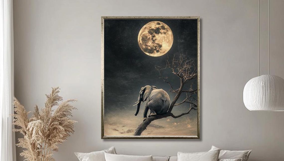 Elephant Sitting On Tree Branch Under Full Moon Sepia Poster