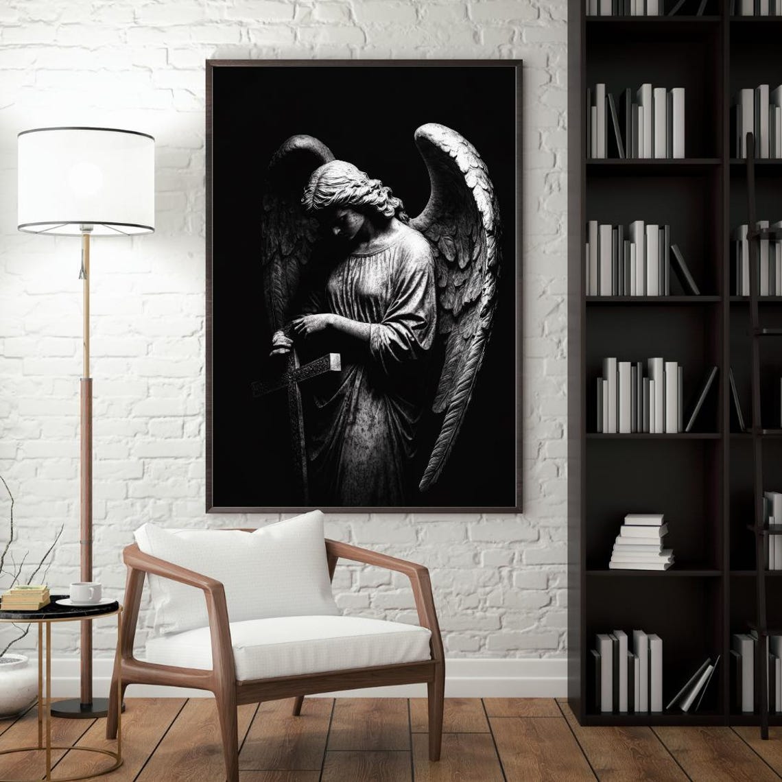 Guardian Angel Statue Black and White Dramatic Sculpture Art Poster