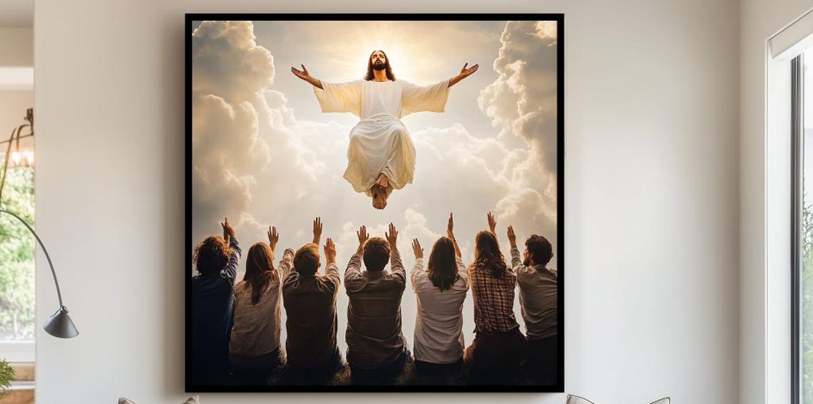 Jesus Ascending to Heaven With Arms Outstretched Over the Crowd Poster
