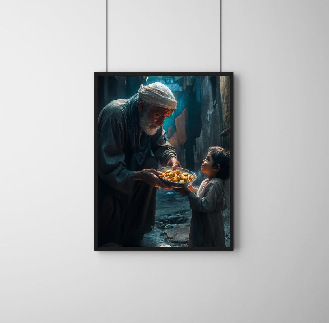 Elder Giving Food to Child Kindness Dramatic Light Art Poster