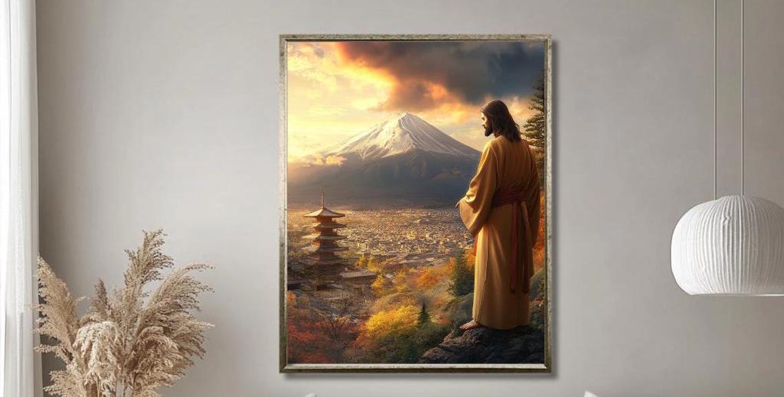 Jesus Overlooking Mount Fuji at Sunset With Pagoda Autumn View Poster