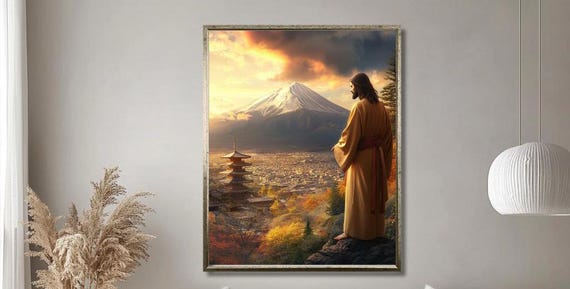 Mount Fuji Sunset Wall Art Japanese Pagoda Religious Print Spiritual Mountain Landscape Wall Decor