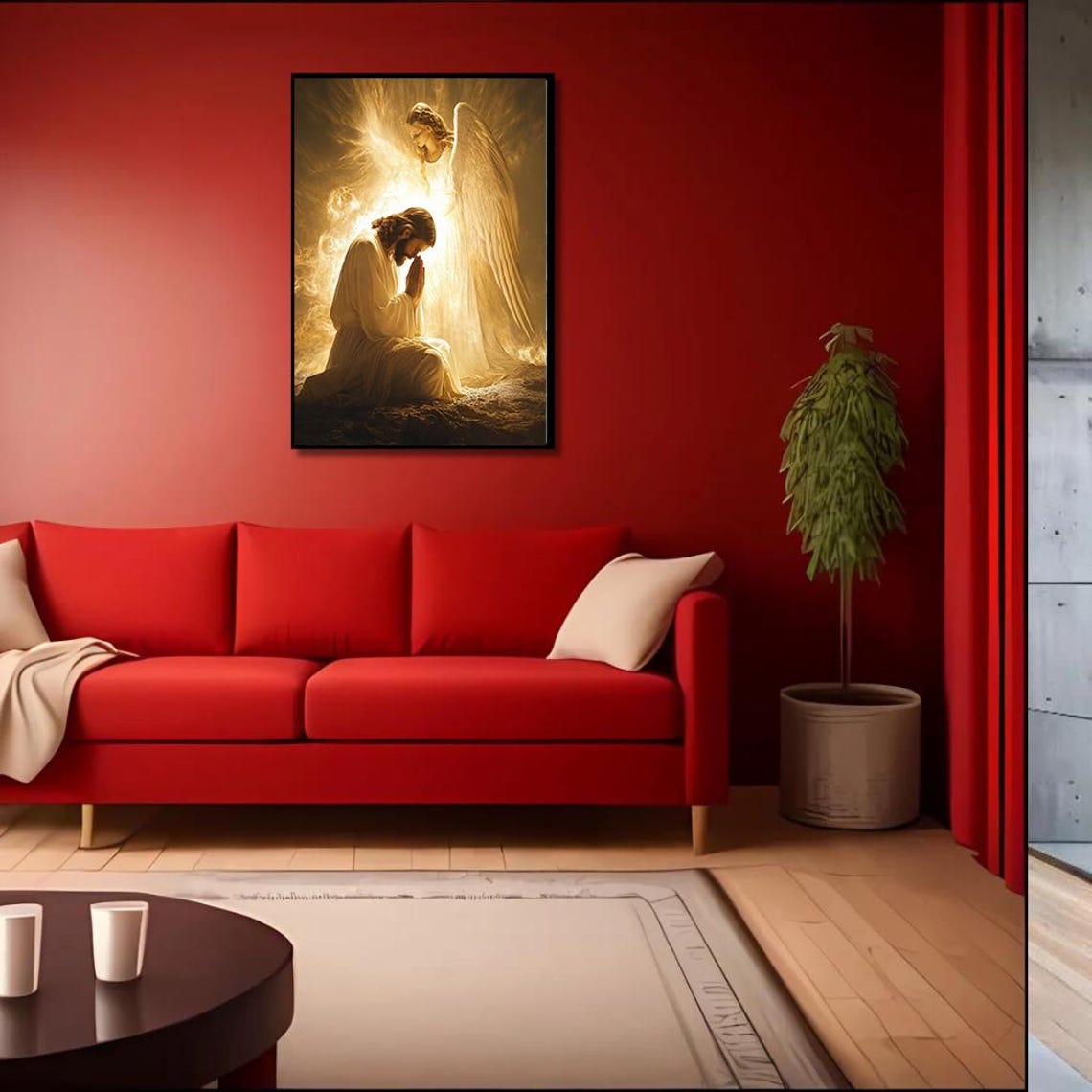 Guardian Angel Comforting Praying Jesus In Golden Light Poster - Image 3