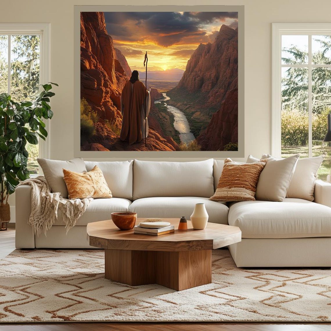 Shepherd With Staff Overlooking Canyon River at Golden Sunset Poster - Image 2