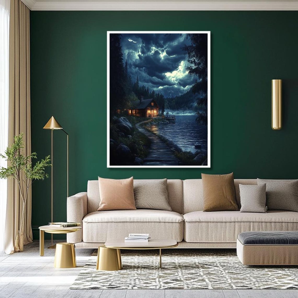 Moonlit Cabin By The Lake Wall Art Cozy Nighttime Landscape With Illuminated Cabin And Dark Forest Rustic Nature - Image 2
