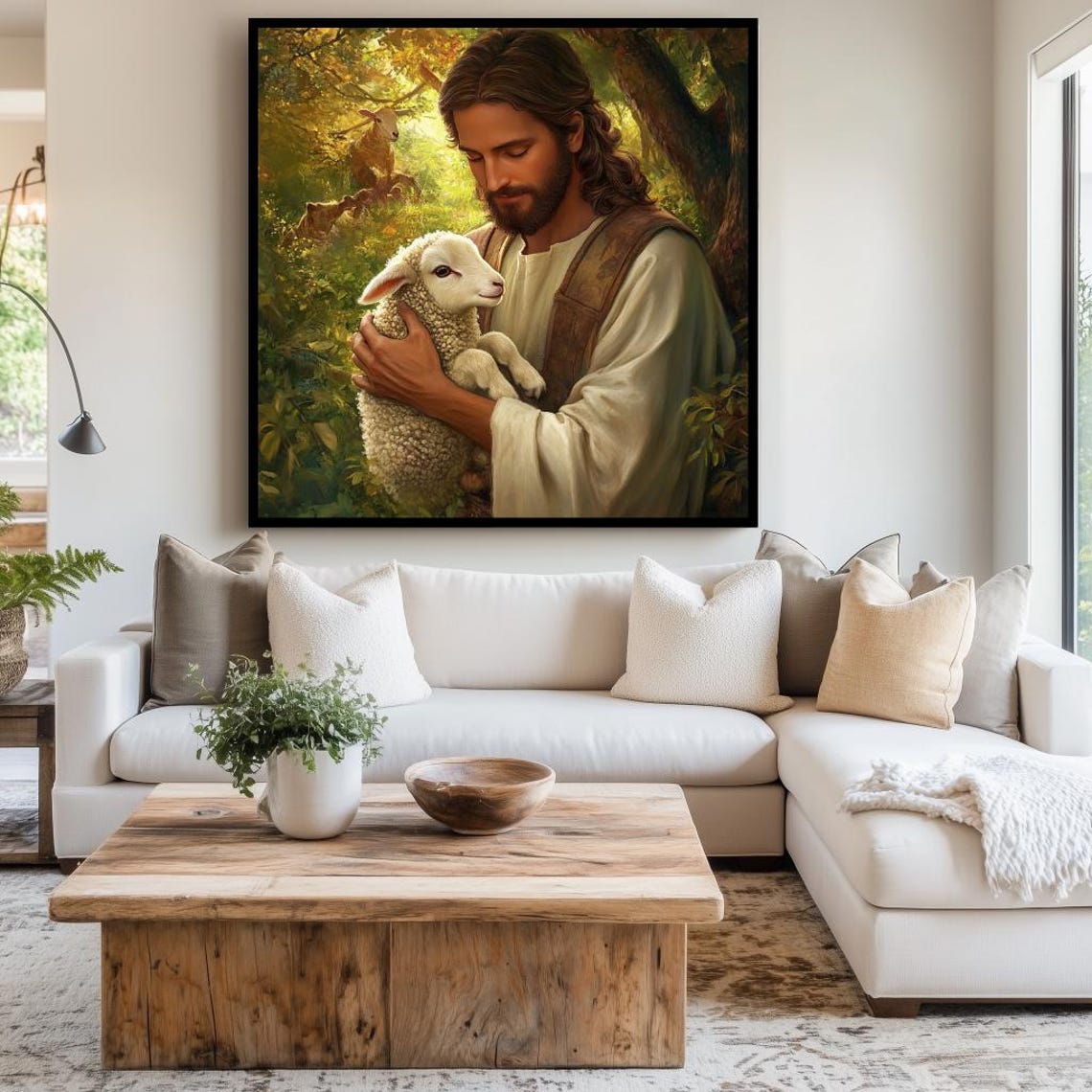 Jesus Holding a Lamb in a Forest Good Shepherd Religious Poster - Image 3