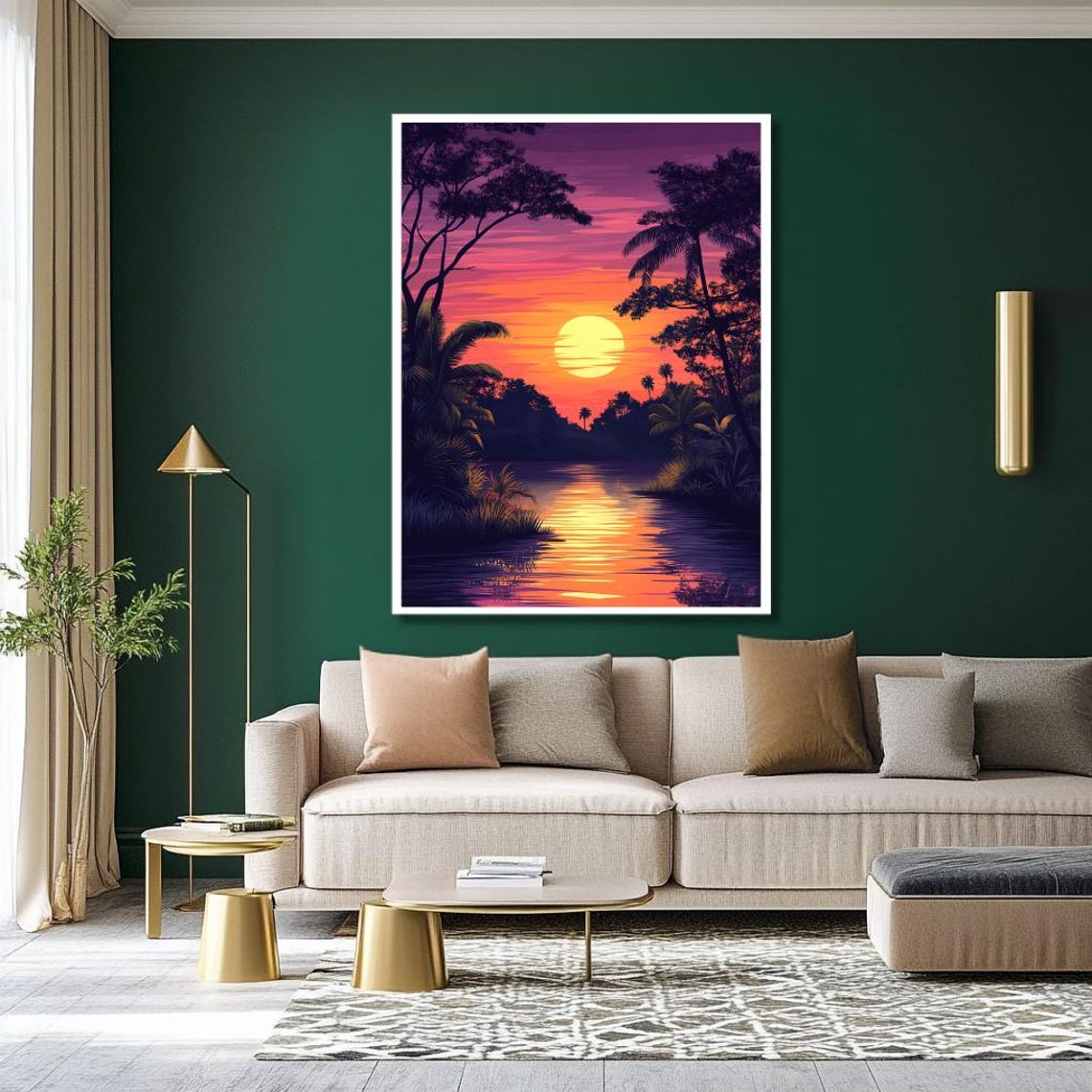 Tropical Sunset Over River Palm Silhouettes Vibrant Nature Poster - Image 2