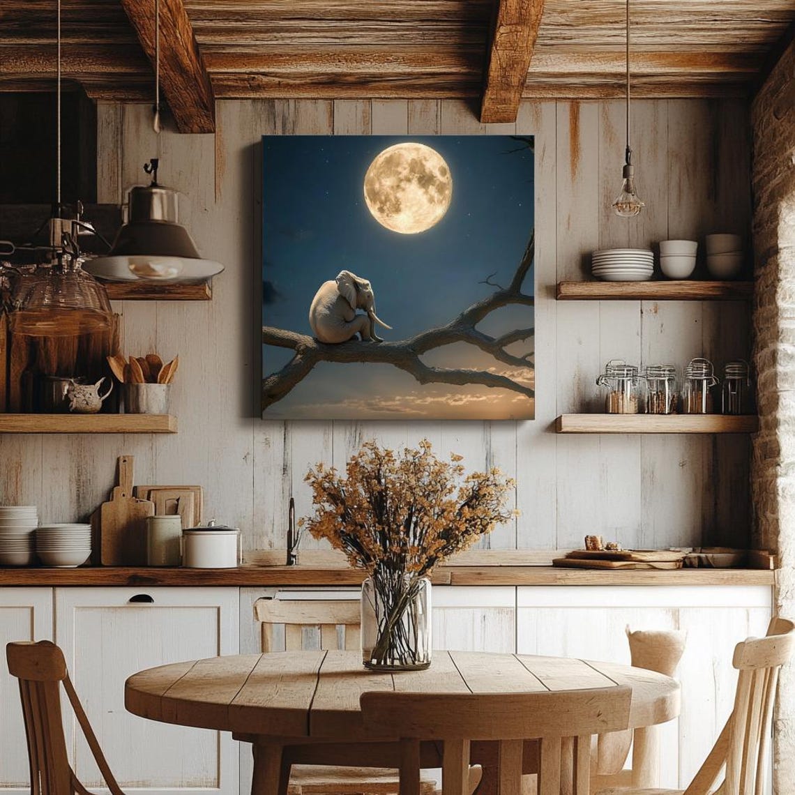 Baby Elephant On Branch Under Full Moon Starry Night Sky Poster - Image 3