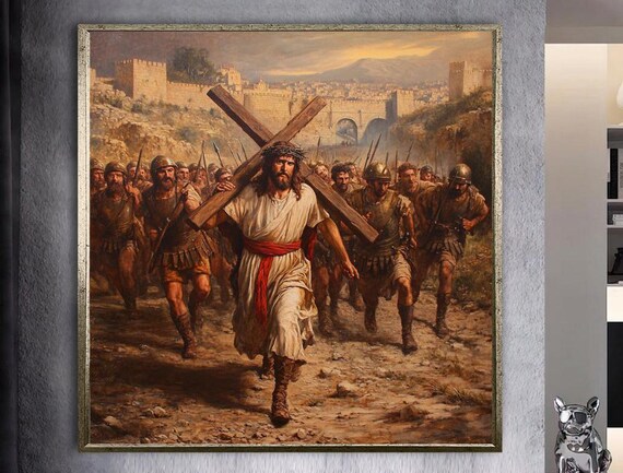 Jesus Carrying the Cross Through Jerusalem Surrounded by Soldiers Poster