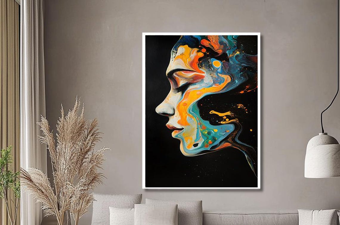 Abstract Colorful Woman Profile Face Fluid Paint Modern Art Poster