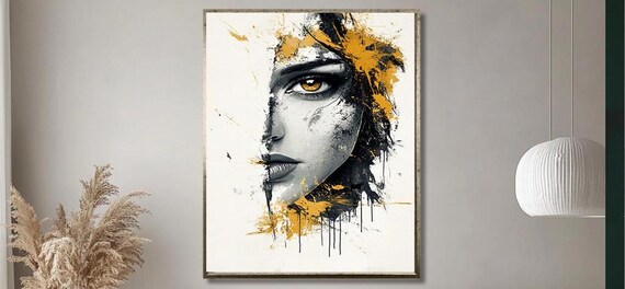 Abstract Woman Face With Golden Paint Splash Modern Art Poster