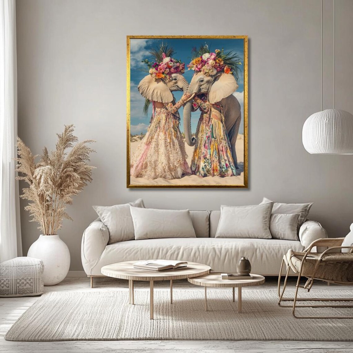 Two Whimsical Elephants In Floral Dresses With Flower Headdresses Poster - Image 3