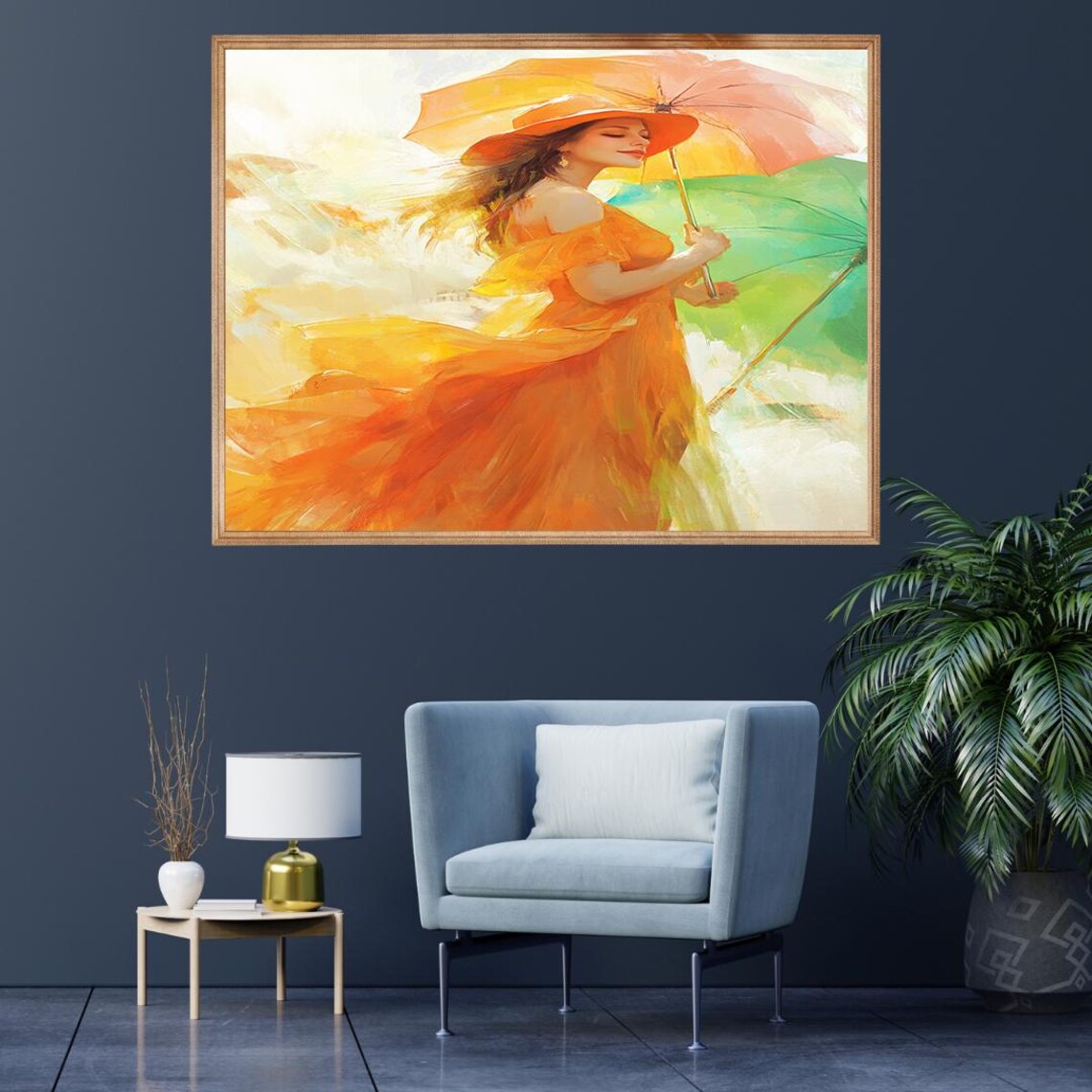 Summer Dance Wall Art Orange Dress Print Whimsical Umbrella Wall Decor - Image 3