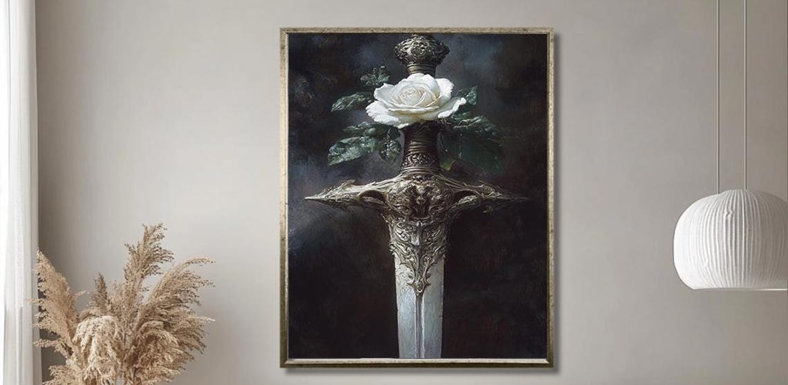 Ornate Medieval Sword And White Rose Dark Fantasy Art Poster