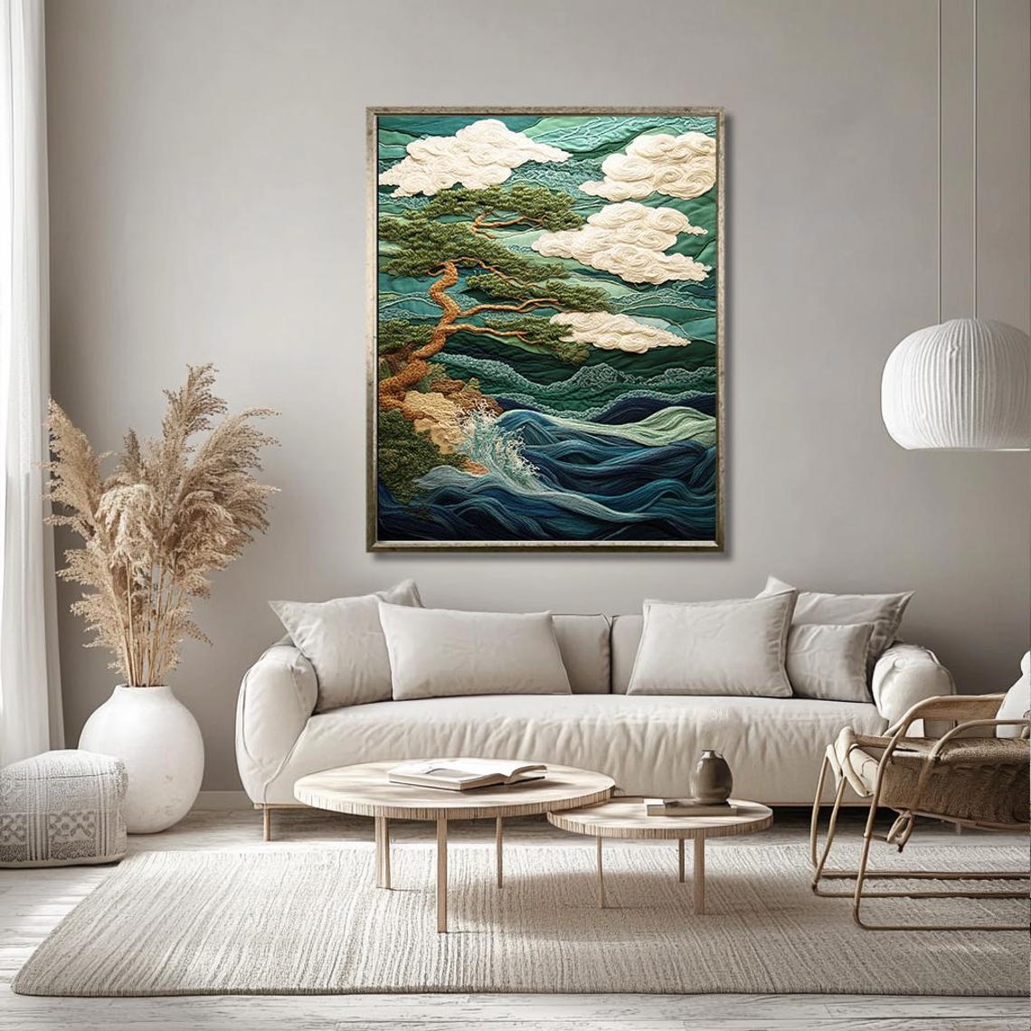 Japanese Pine Tree Over Stylized Teal Ocean Waves Art Poster