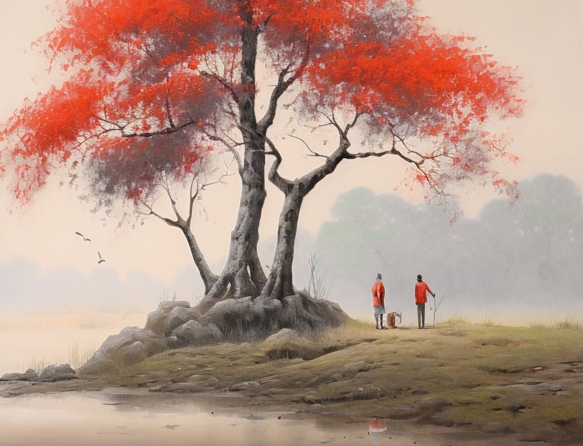Red Autumn Tree By Misty River With Two Fishermen Landscape Poster - Image 3