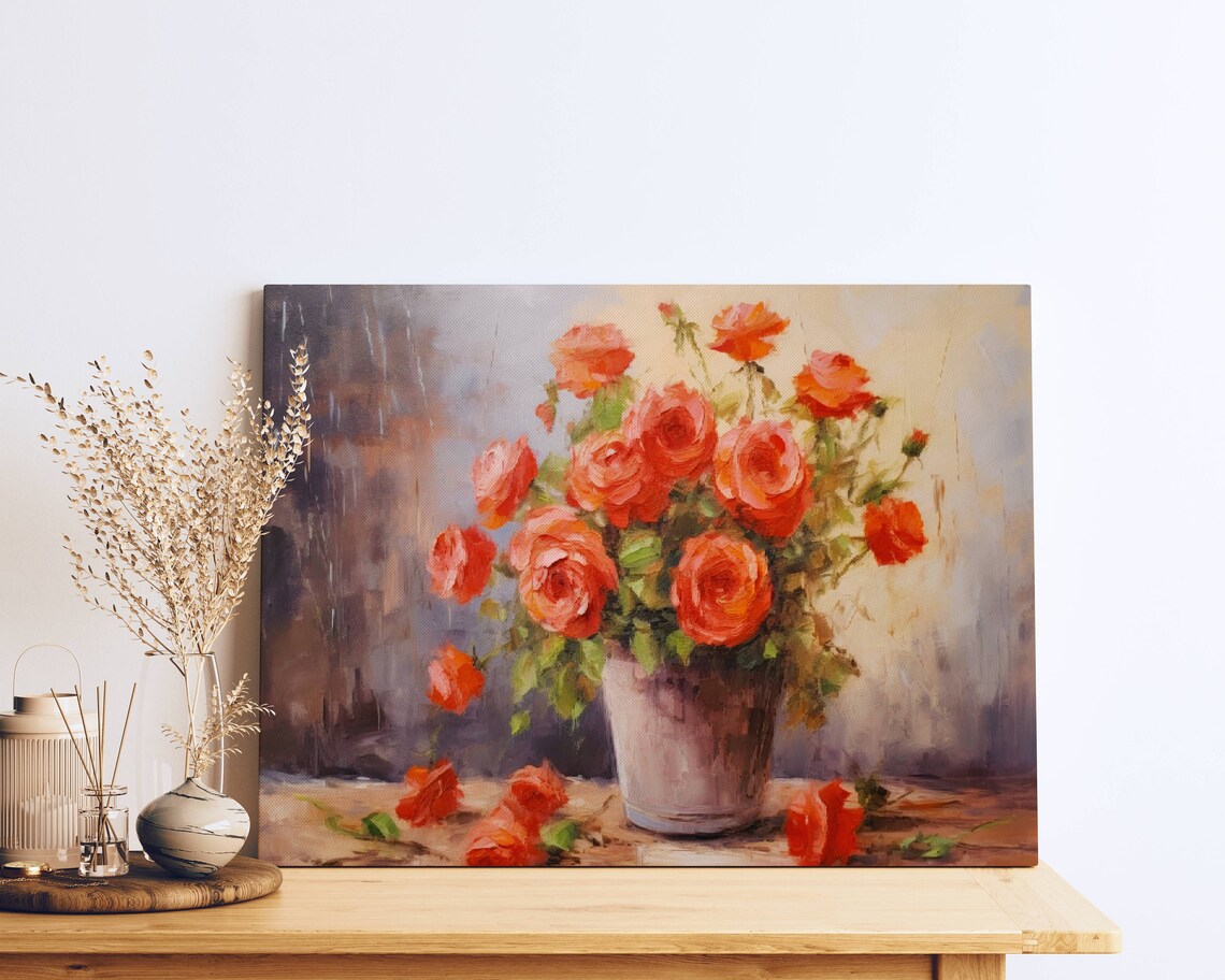 Coral Roses Rustic Bucket Blooming Impressionist Floral Poster