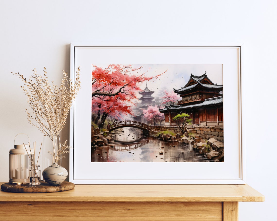 Kyoto Temple With Cherry Blossoms And Bridge Watercolor Art Poster