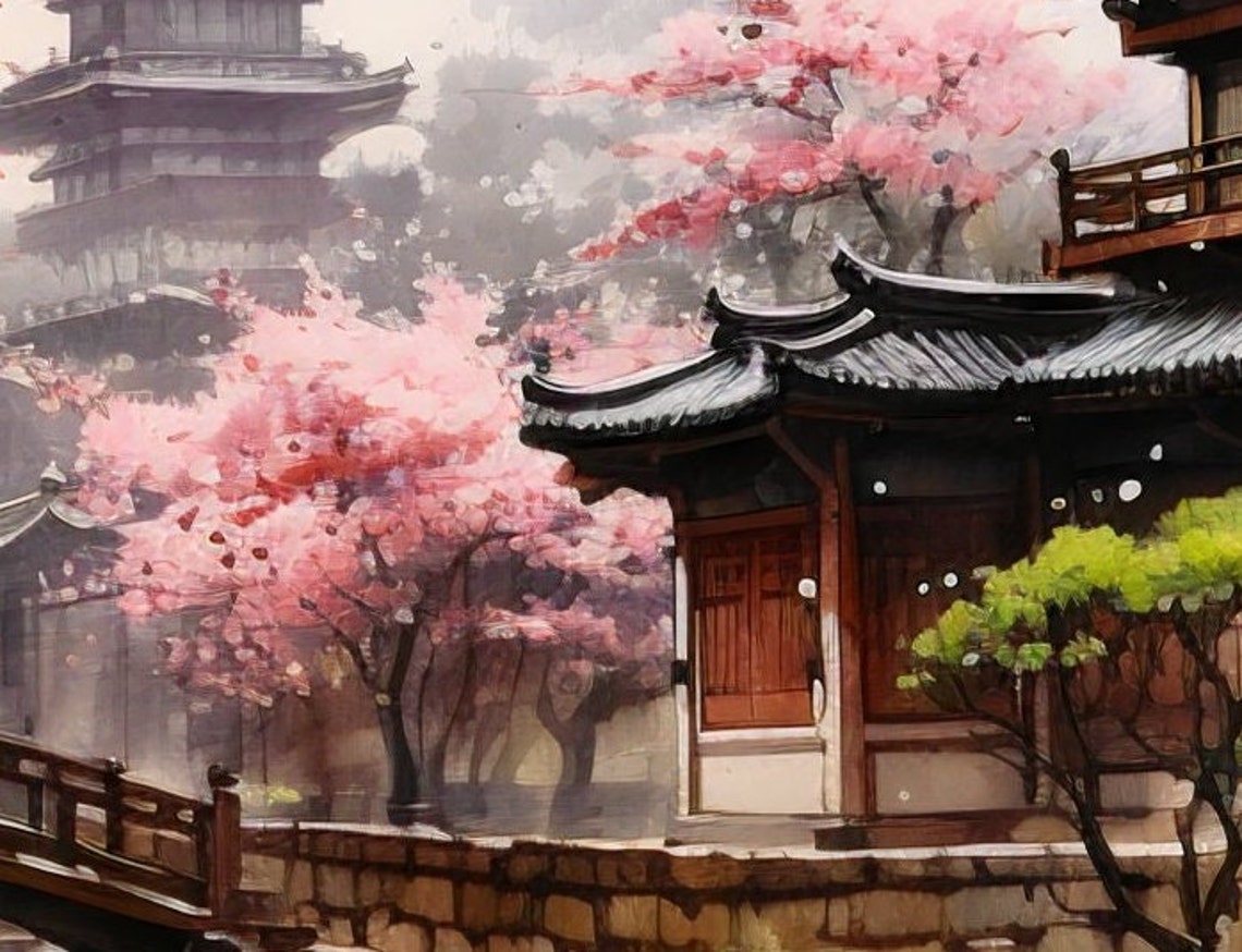 Kyoto Temple With Cherry Blossoms And Bridge Watercolor Art Poster - Image 2