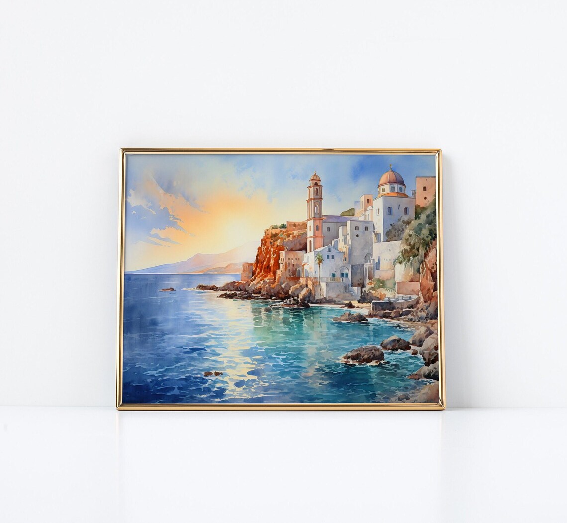 Greek Island Village Watercolor Coastal Church Sunset Poster - Image 2
