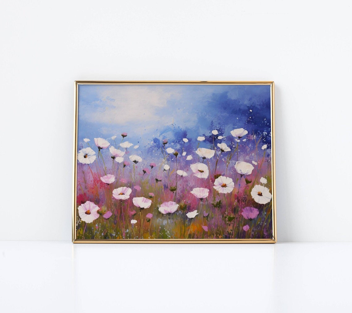 White Cosmos Flowers Blue Indigo Sky Impressionist Floral Poster - Image 2