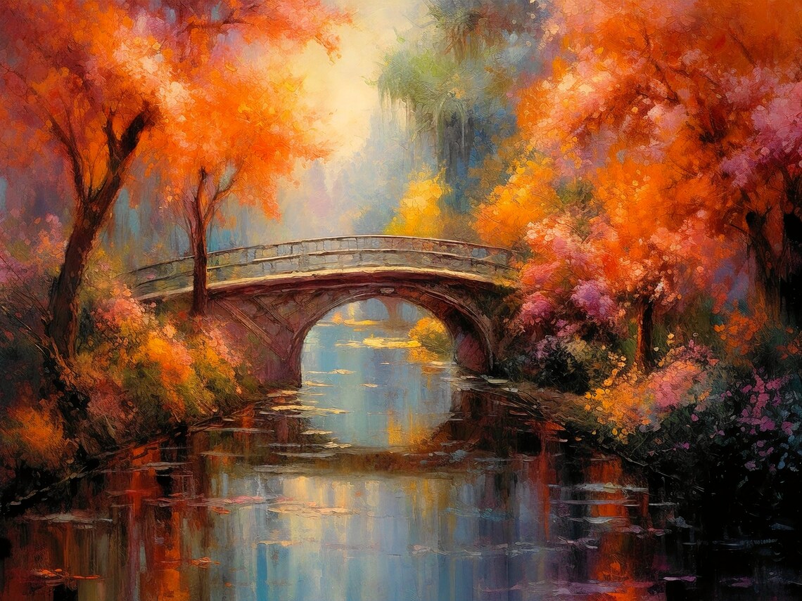 Autumn Bridge Reflection, Romantic Landscape Art Print - Image 3