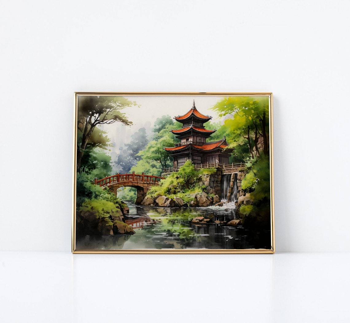 Expressive Watercolor Painting Kyoto Temples Scenery Historical Architecture Art Tranquil Home Decor - Image 3