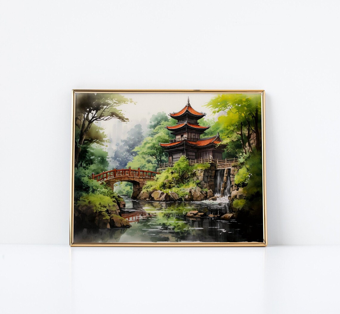 Japanese Pagoda Watercolor Painting Red Bridge Pond Temple Poster - Image 3