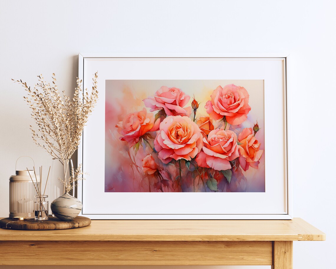 Coral Peach Roses Watercolor Soft Floral Still Life Art Poster