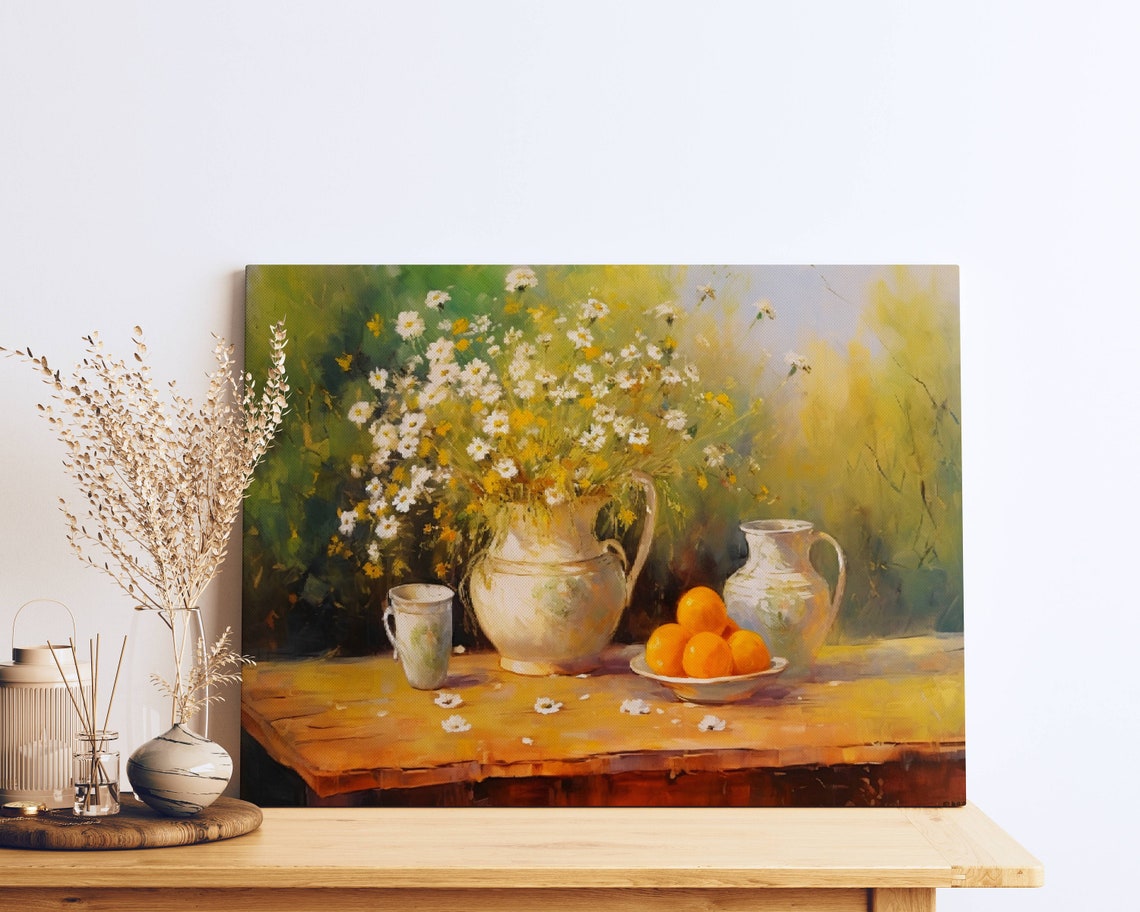 Daisy Pitcher Oranges Table Rustic Still Life Painting Poster