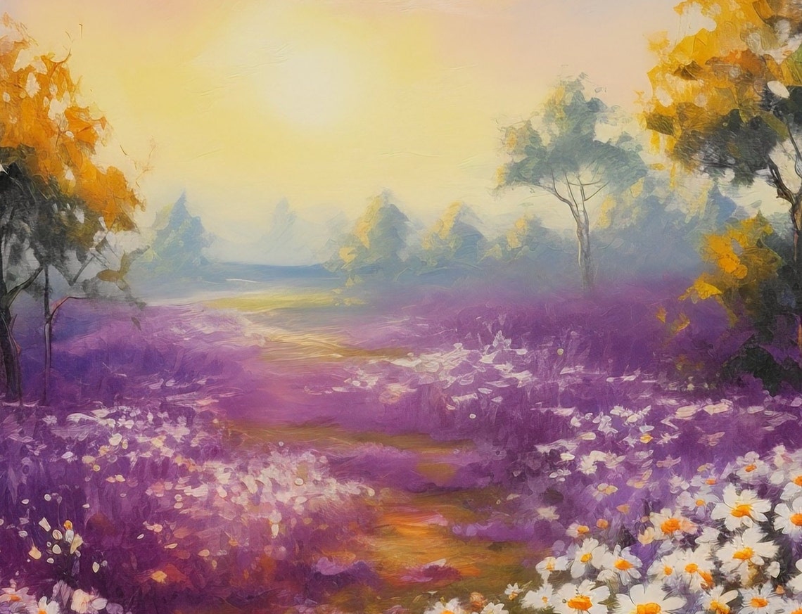 Purple Lavender Field Sunset White Daisies Golden Trees Scenic Poster - Image 3