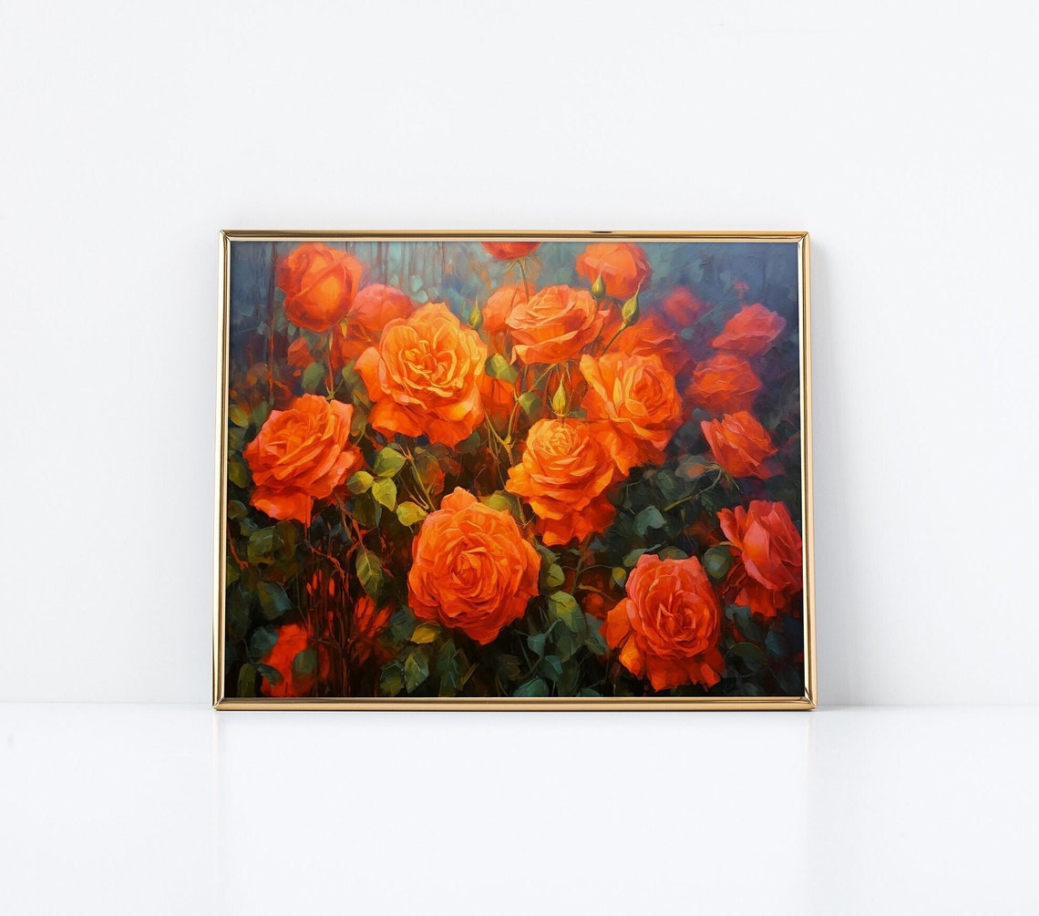 Bright Orange Roses Garden Painting Lush Blooming Rose Bush Poster - Image 2