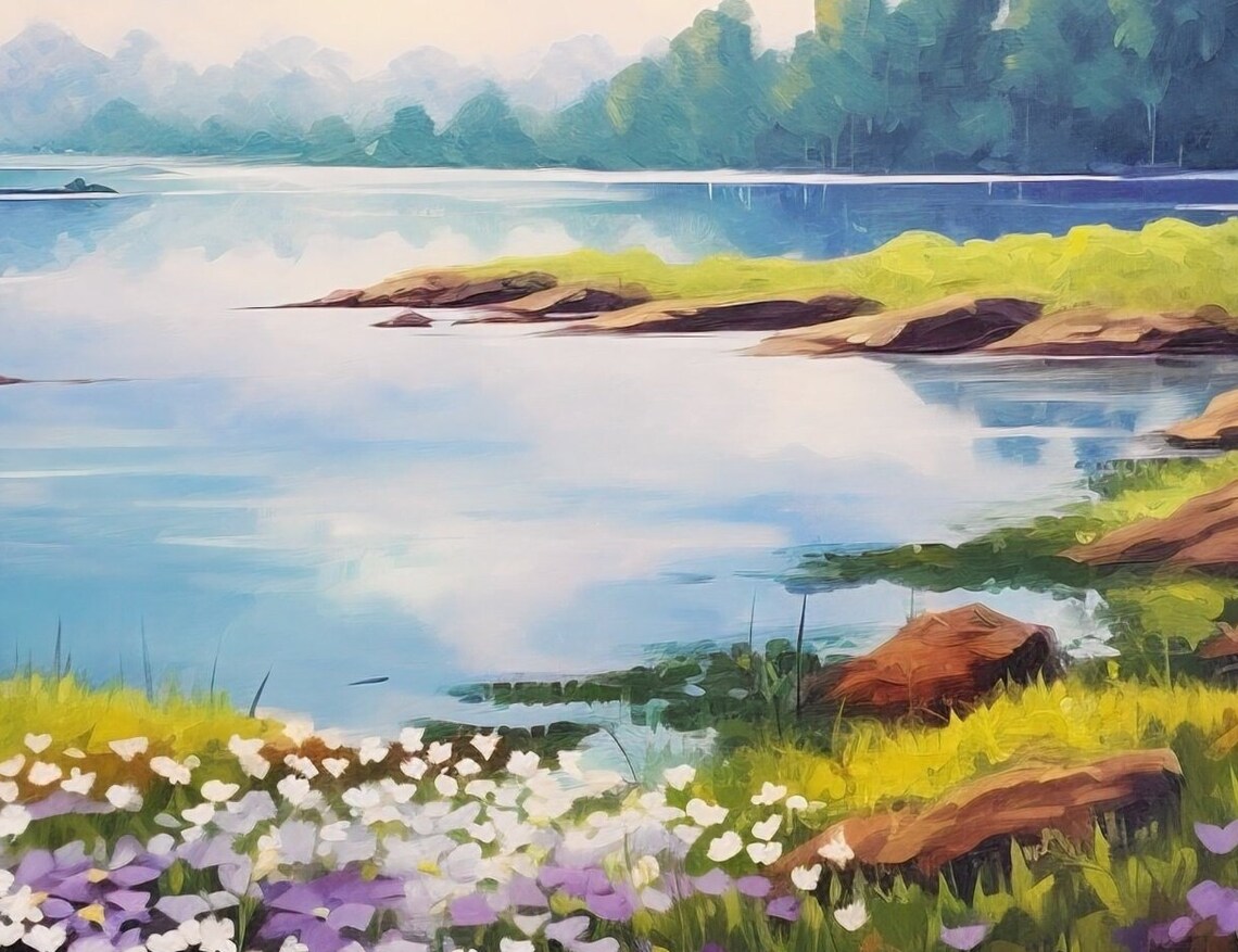 Purple Wild Violets Painting Serene Lake Landscape Flowers Poster - Image 3