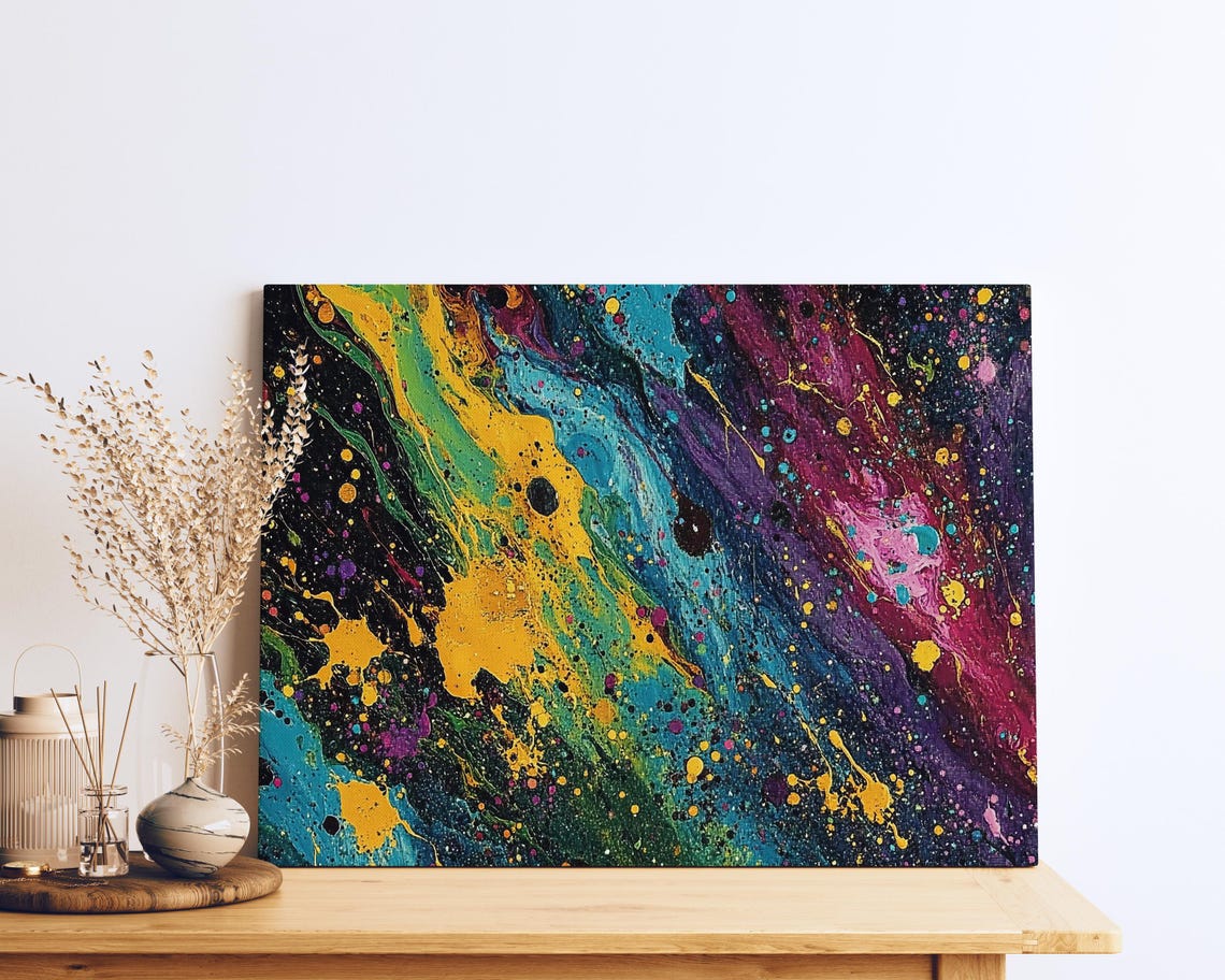 Vibrant Abstract Expressionist Paint Splatter Print Energetic Multi Color Swirl Art Trippy Modern Wall Decor With Gold Accents