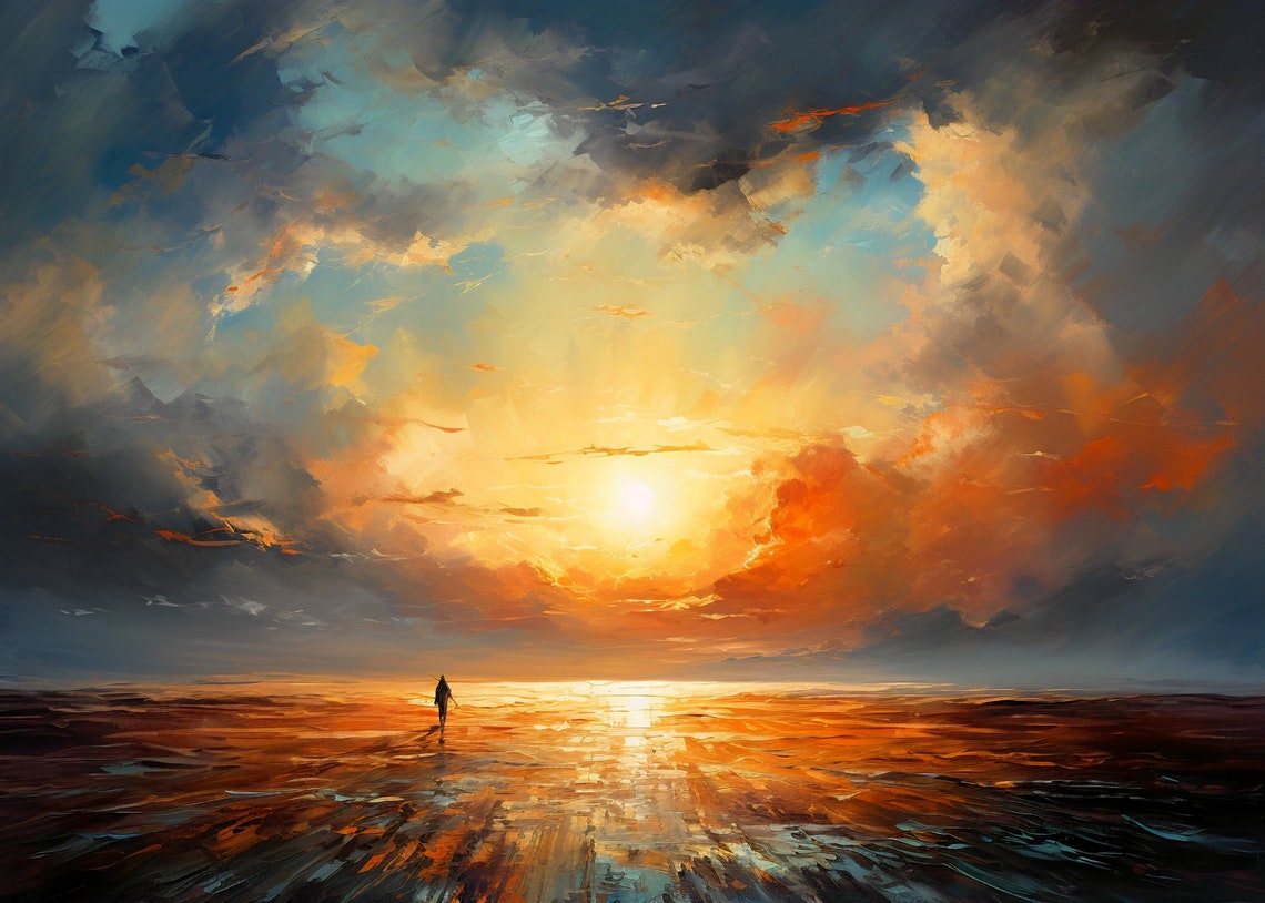 Sunset Over Water Dramatic Orange Clouds Lone Walker Seascape Poster - Image 3