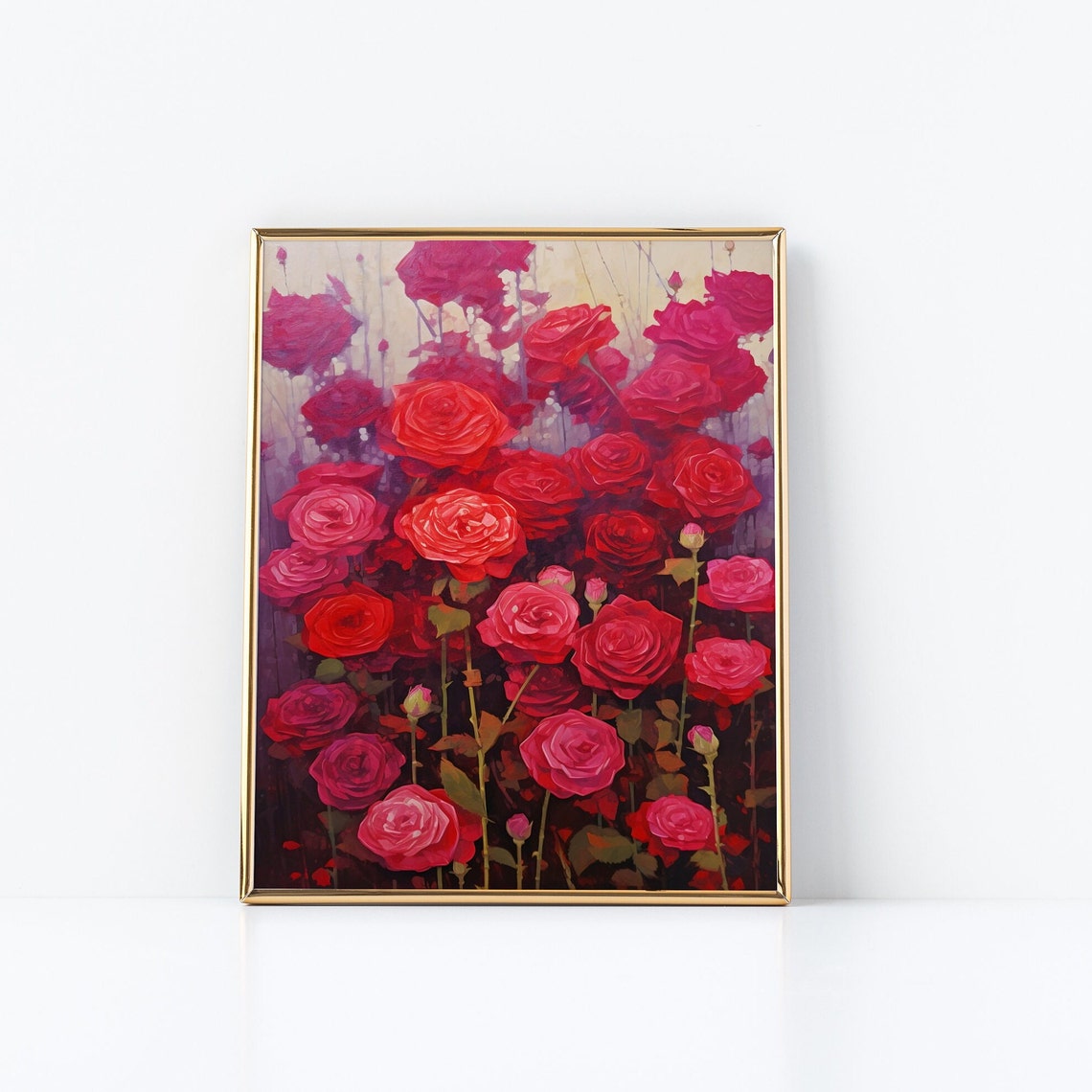 Crimson Red Rose Garden Bloom Dense Impressionist Floral Poster - Image 2