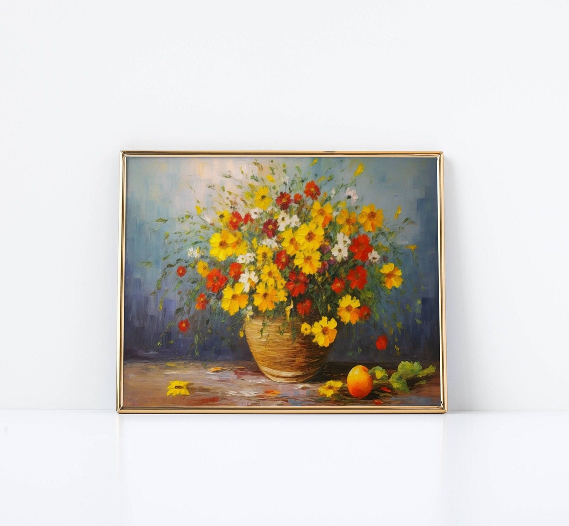 Red Yellow Cosmos Basket Bouquet Rustic Table Floral Art Poster - Image 2